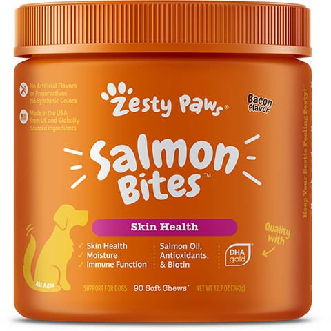 Zesty Paws Salmon Bites Soft Chews со вкусом бекона и лосося Добавка для кожи и шерсти для собак